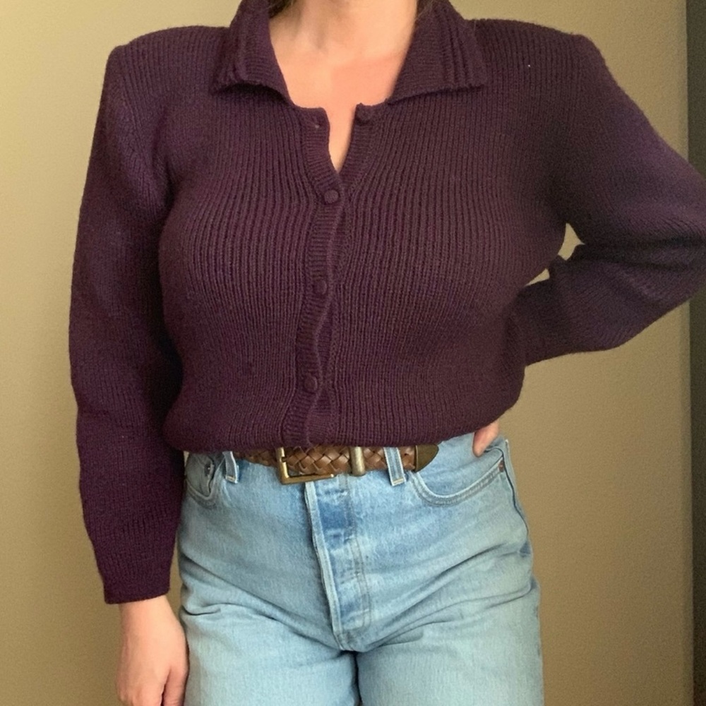 80s Vintage Purple Button Down Cropped Sweater
